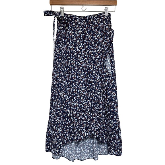 J.Crew Floral Peasant Wrap Skirt Womens S High Low Cottagecore Navy Blue Viscose - Picture 1 of 12